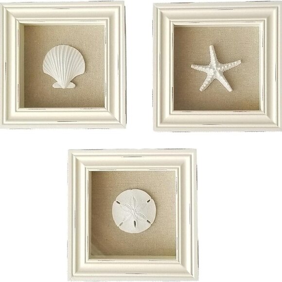 NEW Set of 3 Shell Shabby Chic Shadow Boxes- Creamy Off White Frame 7" x 7" - Picture 1 of 8
